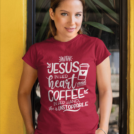 Jesus in her Heart Coffee in her hand Full Color Transfer